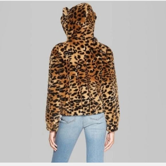 Wild Fable Women's Animal cheetah leopard Faux Fur Zip Hooded Jacket Size Large - Picture 4 of 13